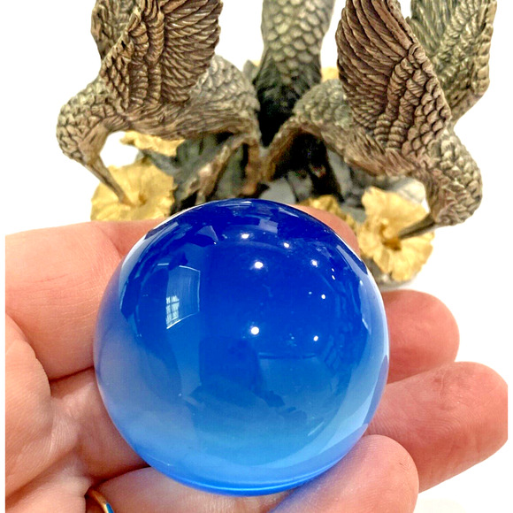 Blue Glass Crystal Ball Paperweight Silver & Gold Metal Hummingbird Orb Holder - Picture 9 of 10